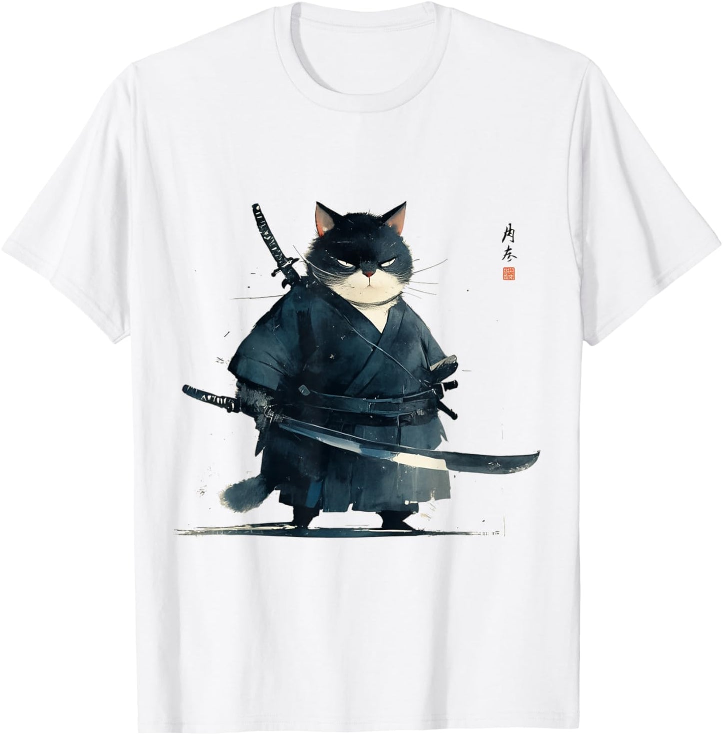 Japanese Art Cat Ninja Ukiyo-e Anime Style Samurai Cat T-Shirt - T-Shirt | White