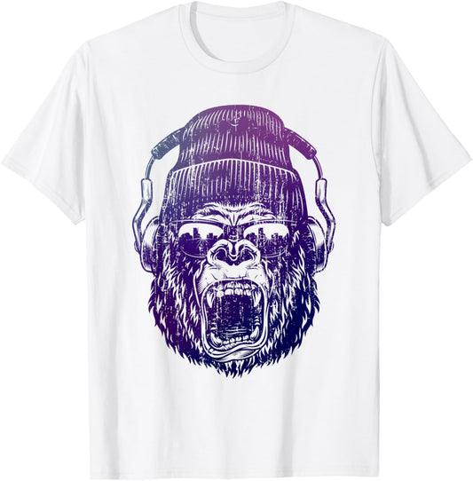 funky Monkey Chimp With Sunglasses And Headphones Funny T-Shirt - T-Shirt | White