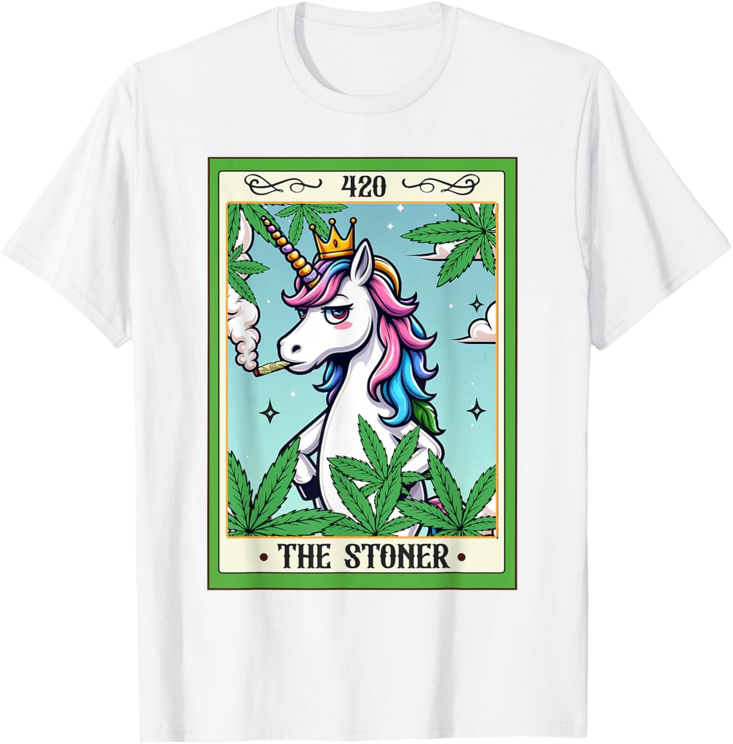Cannabis Weed Unicorn Smoking 420 The Stoner Tarot Card T-Shirt - T-Shirt | White