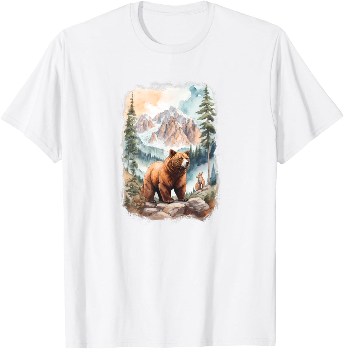 Bear and Fox in Mountain Forrest T-Shirt - T-Shirt | White
