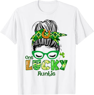 One Lucky Auntie Messy Bun Leopard St Patrick's Day Shamrock T-Shirt - T-Shirt | White