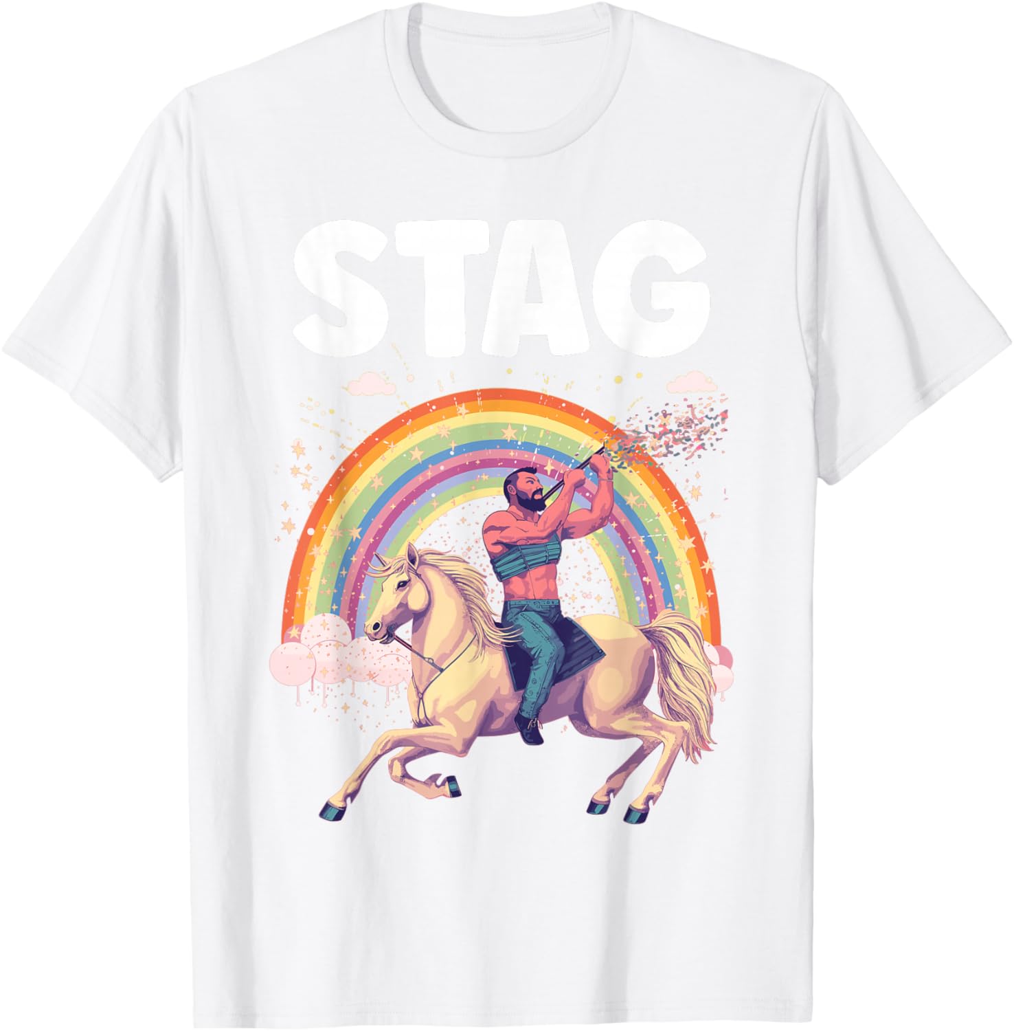 Funny Stag Do Pink Rainbow Man Riding A Horse Stag Costume T-Shirt - T-Shirt | White