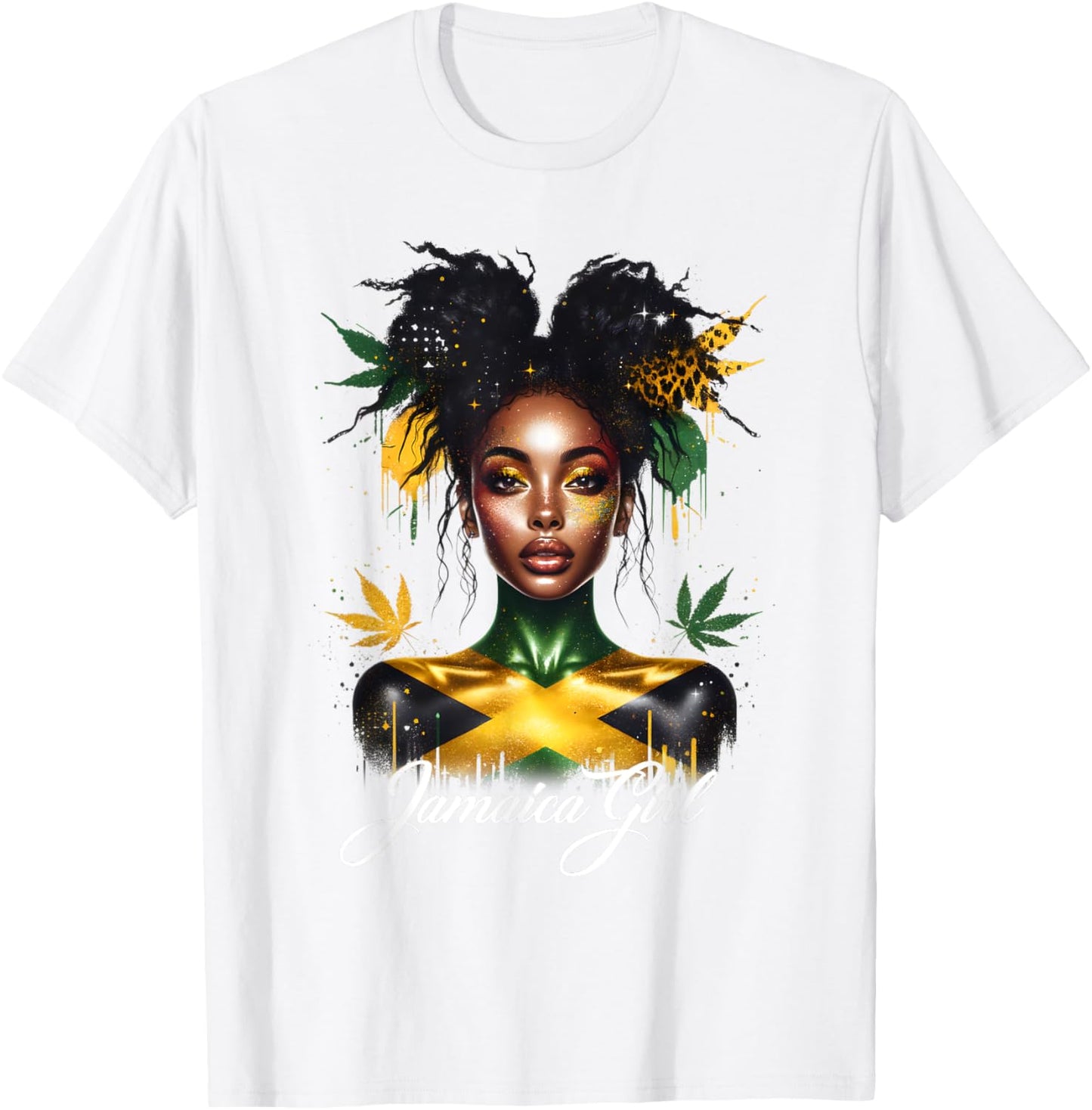 Woman Afro Jamaican Girl Jamaica Flag Pride Black Messy Bun T-Shirt - T-Shirt | White