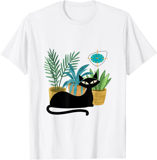 Cat Botanical Theme Midcentury Atomic Age Modern Mid Century T-Shirt - T-Shirt | White