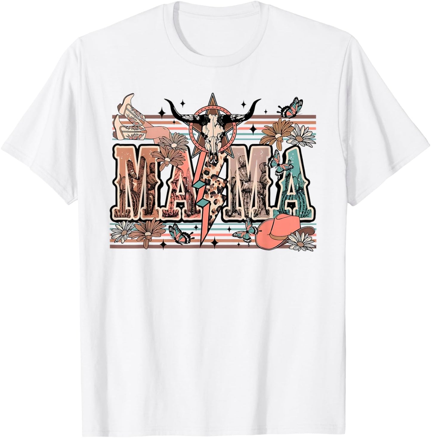 Mama Western Country Cow Skull Cowhide Mom Hippies Mama T-Shirt - T-Shirt | White