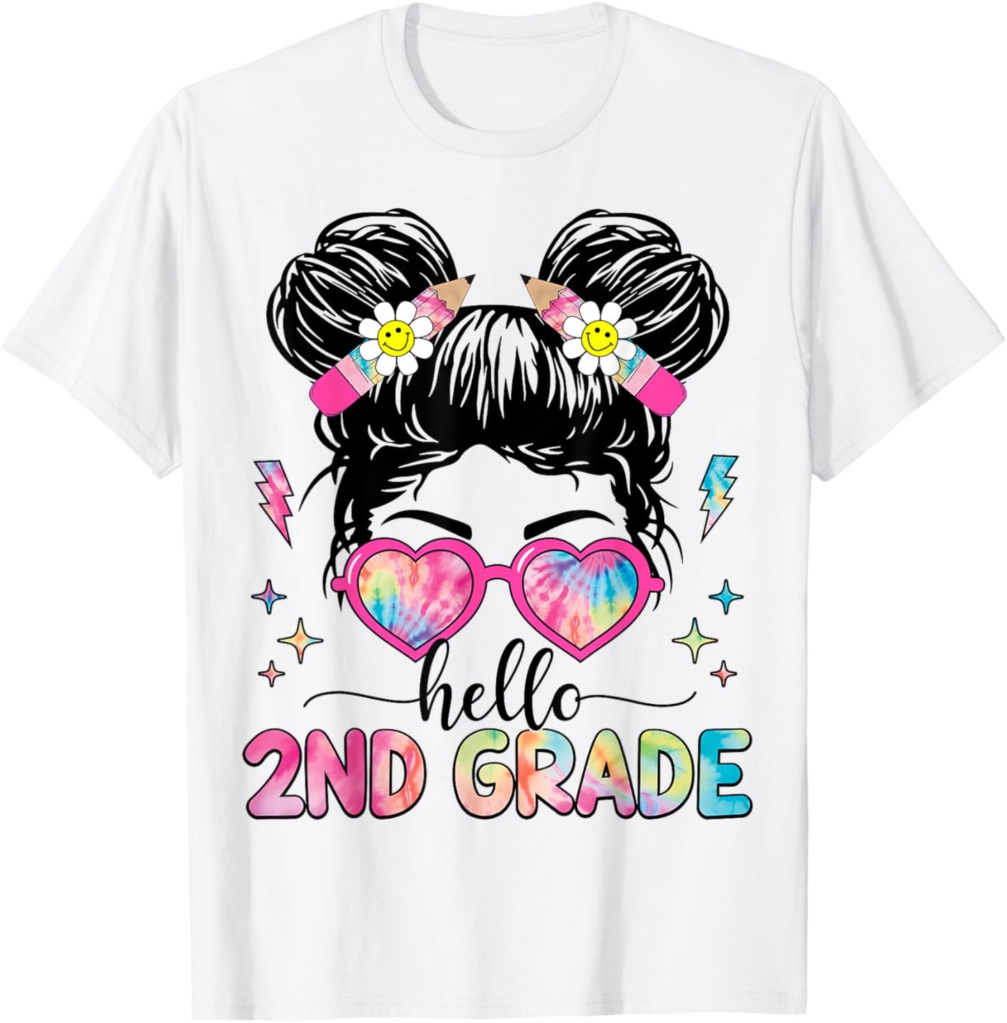 Hello 2nd Grade Messy Bun Girl Back To School First Day T-Shirt - T-Shirt | White