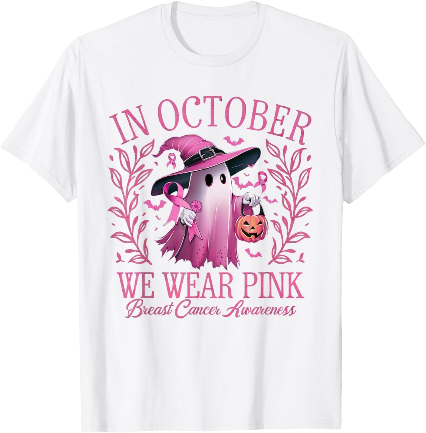 In October We Wear Pink Breast Cancer Awareness Halloween T-Shirt - T-Shirt | White