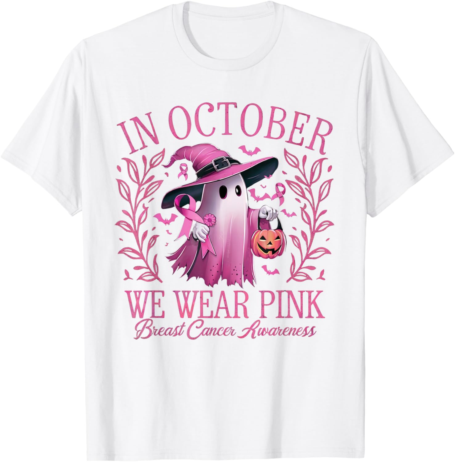 In October We Wear Pink Breast Cancer Awareness Halloween T-Shirt - T-Shirt | White