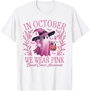 In October We Wear Pink Breast Cancer Awareness Halloween T-Shirt - T-Shirt | White