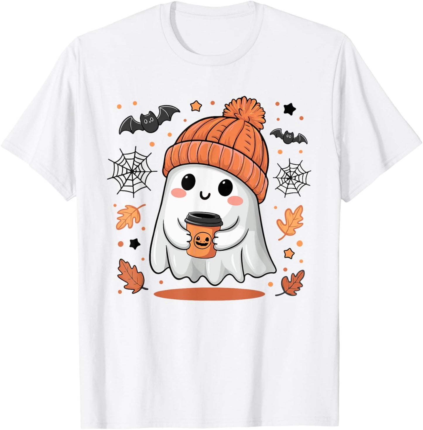 Cute Ghost Drinking Coffee Halloween Ghost Ice Coffee T-Shirt - T-Shirt | White
