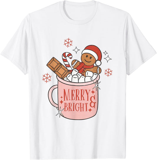 Merry and Bright Gingerbread Hat Santa Hot Cocoa Christmas T-Shirt - T-Shirt | White
