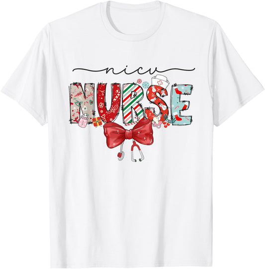 NICU Nurse Christmas Coquette Bow Holiday NICU Crew Team T-Shirt - T-Shirt | White