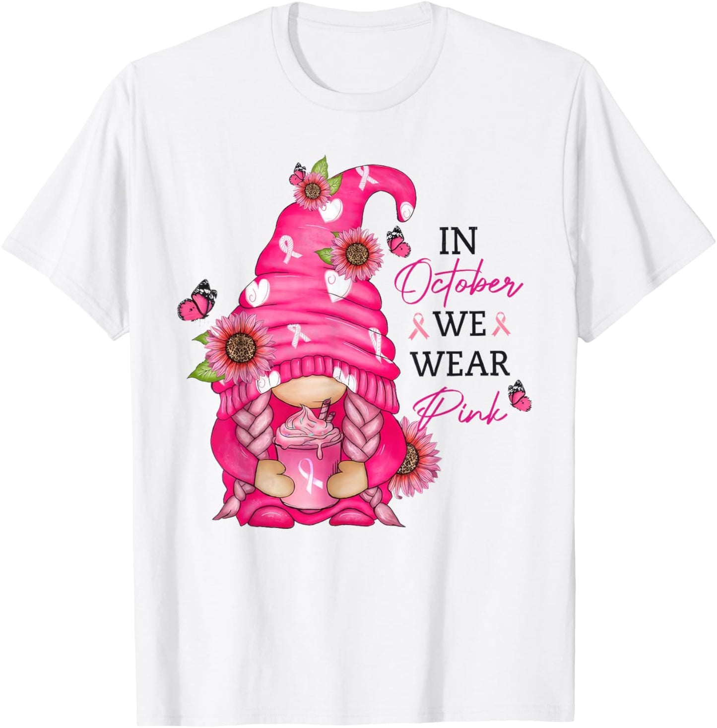 In October We Wear Pink Gnome Breast Cancer T-Shirt - T-Shirt | White