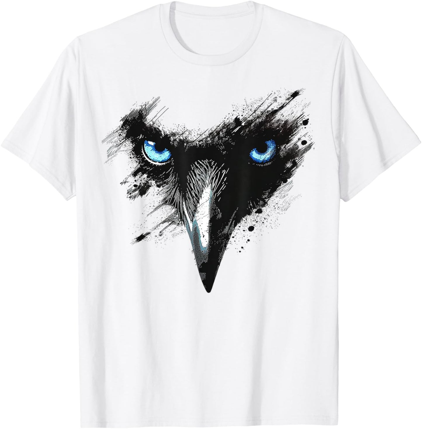 Raven Drawing Blue Eyes Painting Animal Art Motif Bird Crow T-Shirt - T-Shirt | White