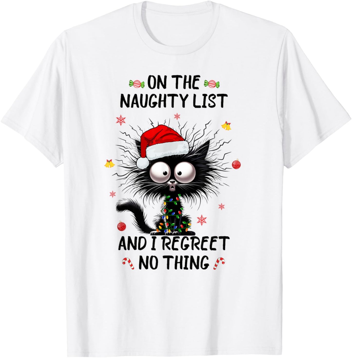 Christmas in July Funny Black Cat Santa on the Naughty Kids T-Shirt - T-Shirt | White