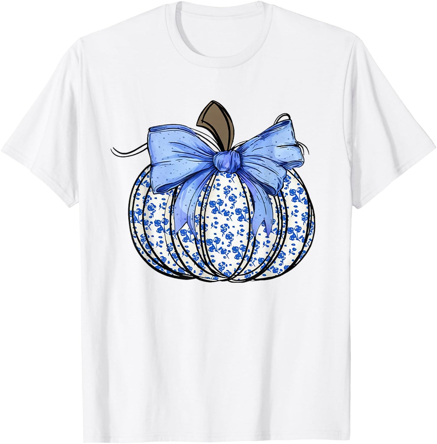 Retro Coquette Bow Blue Floral Pumpkin Halloween Autumn Fall T-Shirt - T-Shirt | White