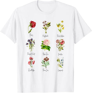 Vintage Botanical Floral Flower Chart T-Shirt - T-Shirt | White