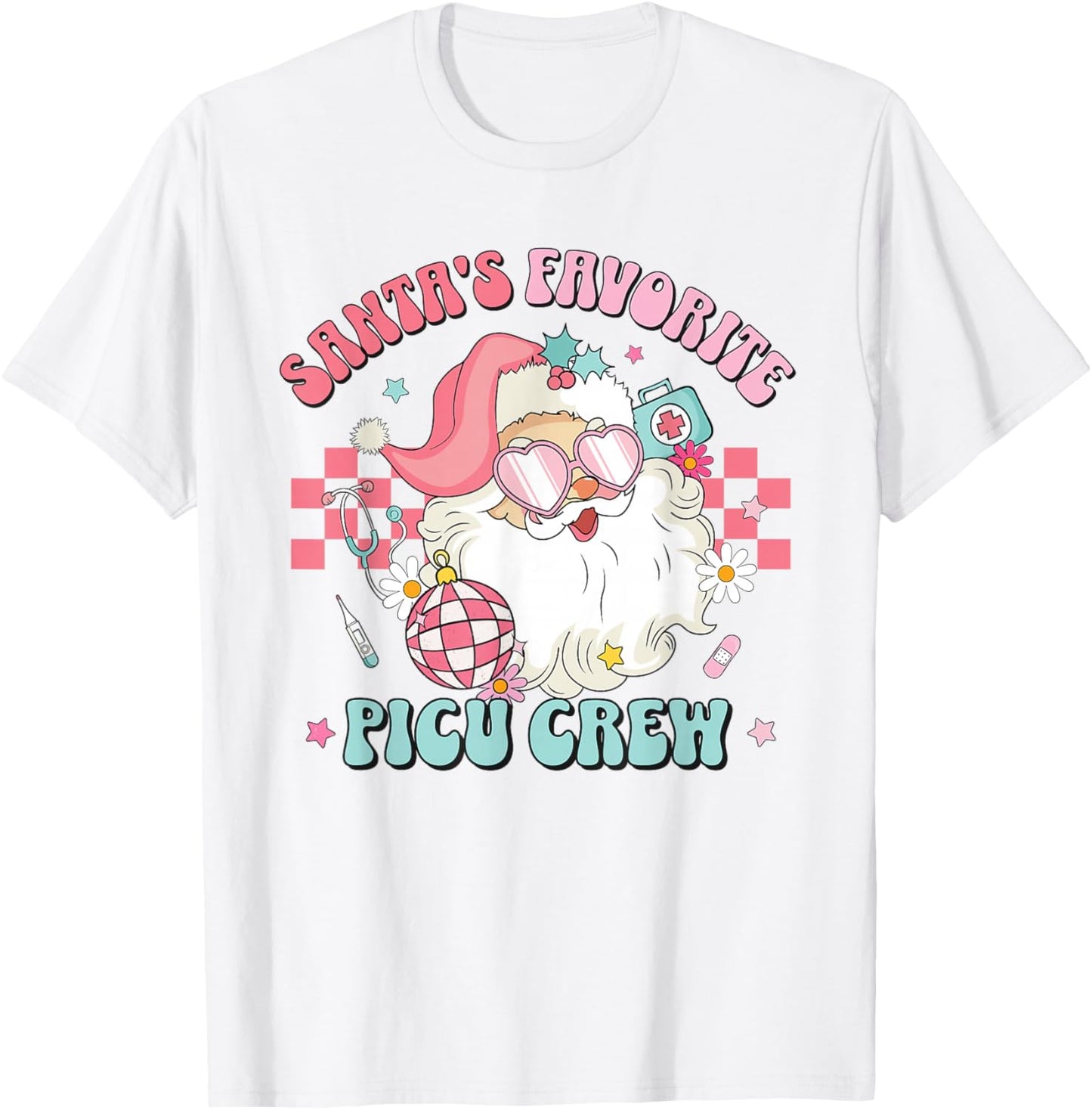 Retro Pink Christmas Santa's Favorite PICU Nurse Pediatric T-Shirt - T-Shirt | White