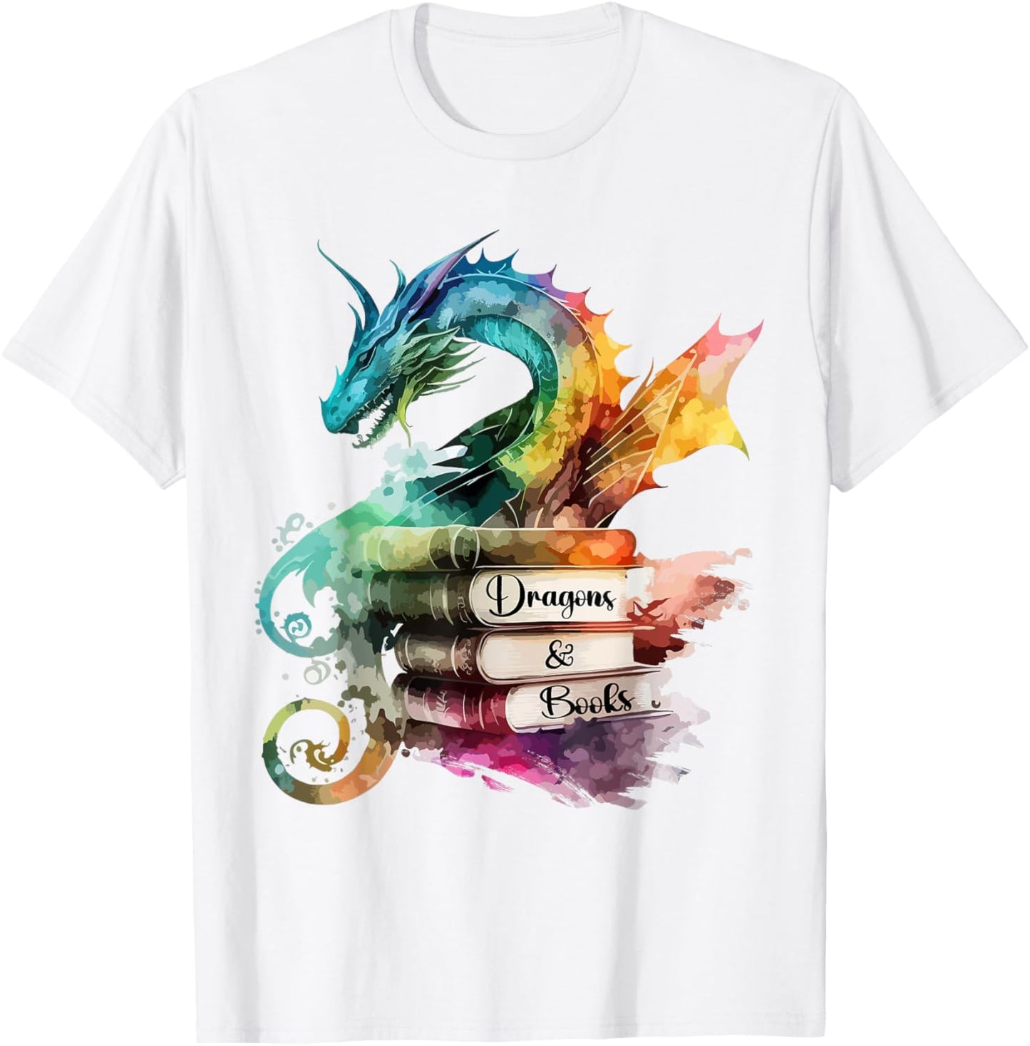 Dragons and Books Watercolor Fantasy Dragon Lover Theme T-Shirt - T-Shirt | White