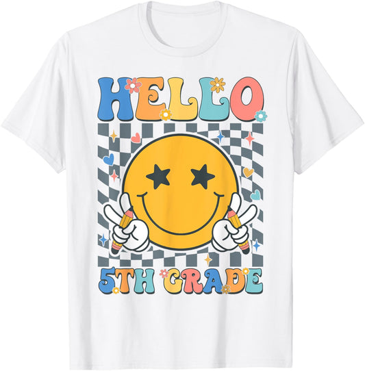 Retro Groovy Hello 5th Grade Back To School Teachers Kids T-Shirt - T-Shirt | White