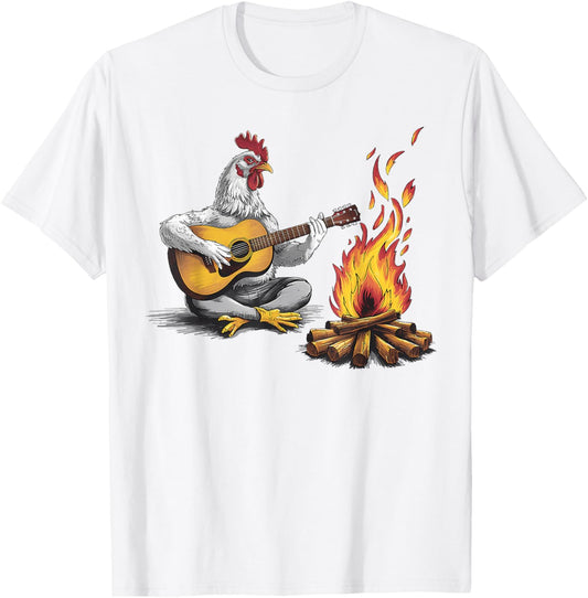 Funny graphic design Chicken Playing Guitar with Campfire T-Shirt - T-Shirt | White