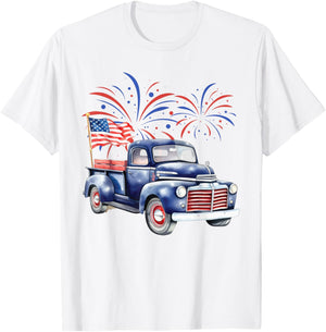 4th of July Memorial Day Holiday Patriotic Vintage Truck Women Kids Men T-Shirt - T-Shirt | White