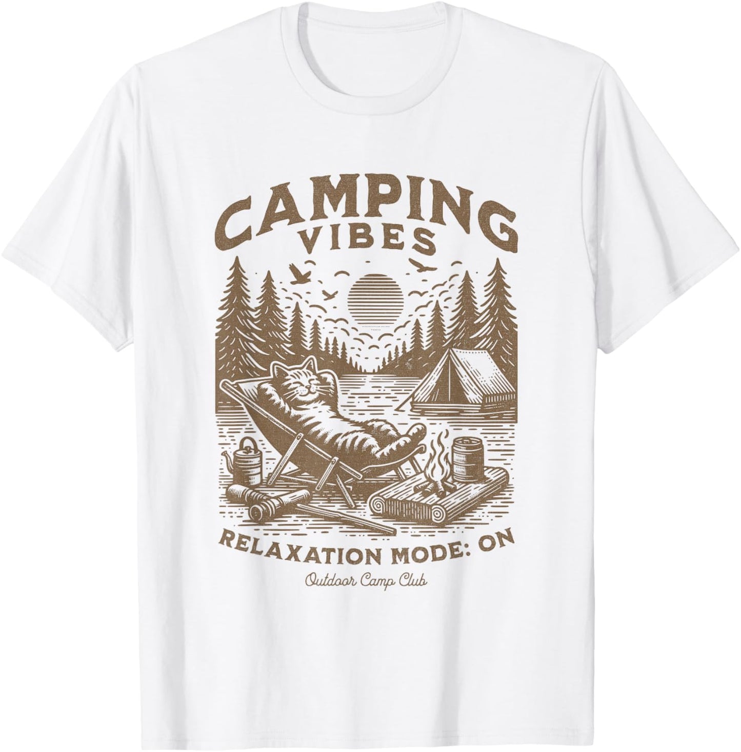 Camping Vibes Funny Cat Campfire Outdoor Nature Lovers Camp Men Women Kids T-Shirt - T-Shirt | White