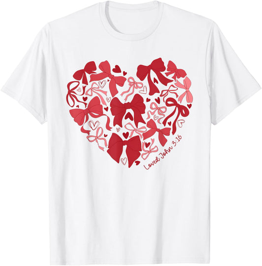 Loved John 3 16 Bow Valentine Christian Bible Verse Women T-Shirt - T-Shirt | White