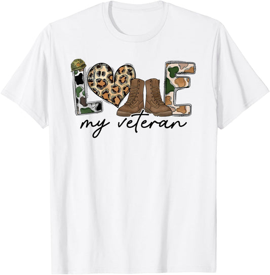 I Love My Veteran Camouflage USA Flag Military T-Shirt - T-Shirt | White