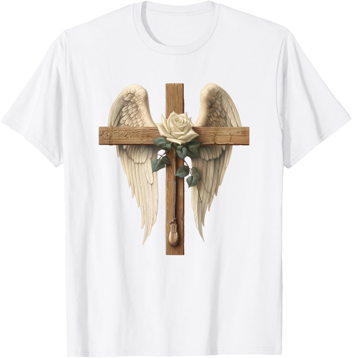 White Rose Flower Christian Cross With Angel Wings T-Shirt - T-Shirt | White