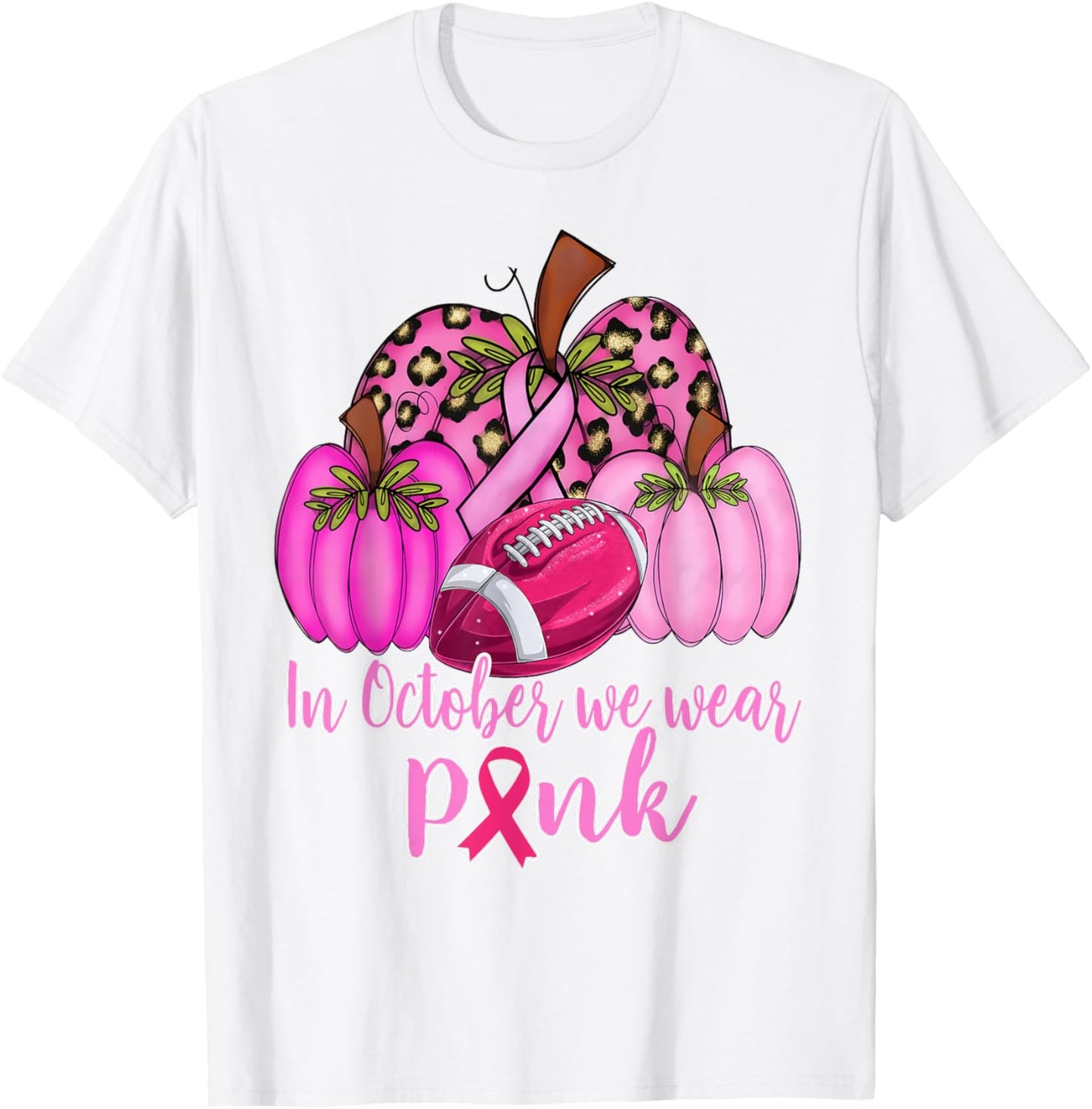 In October We Wear Pink Football Pumpkin Breast Cancer T-Shirt - T-Shirt | White