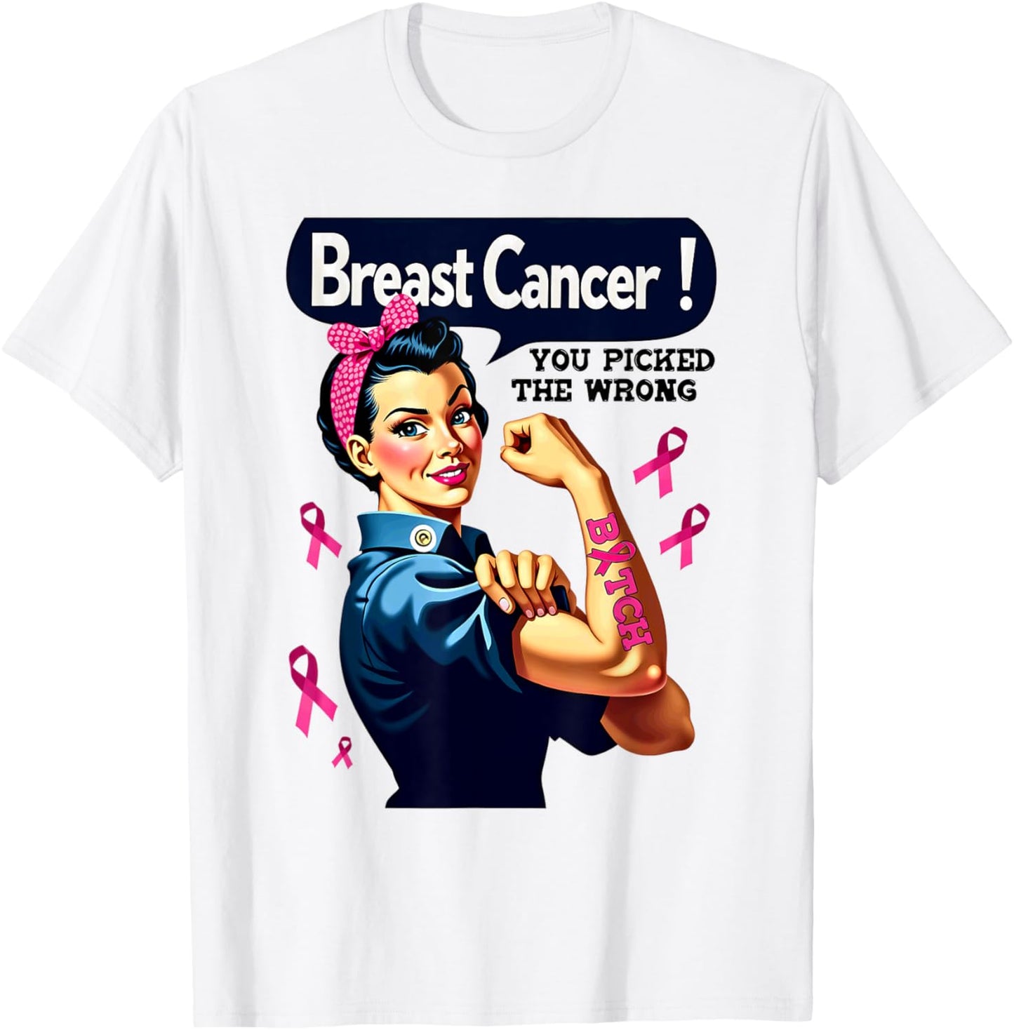 Breast Cancer You Picked The Wrong Bitch Messy Bun Girl T-Shirt - T-Shirt | White