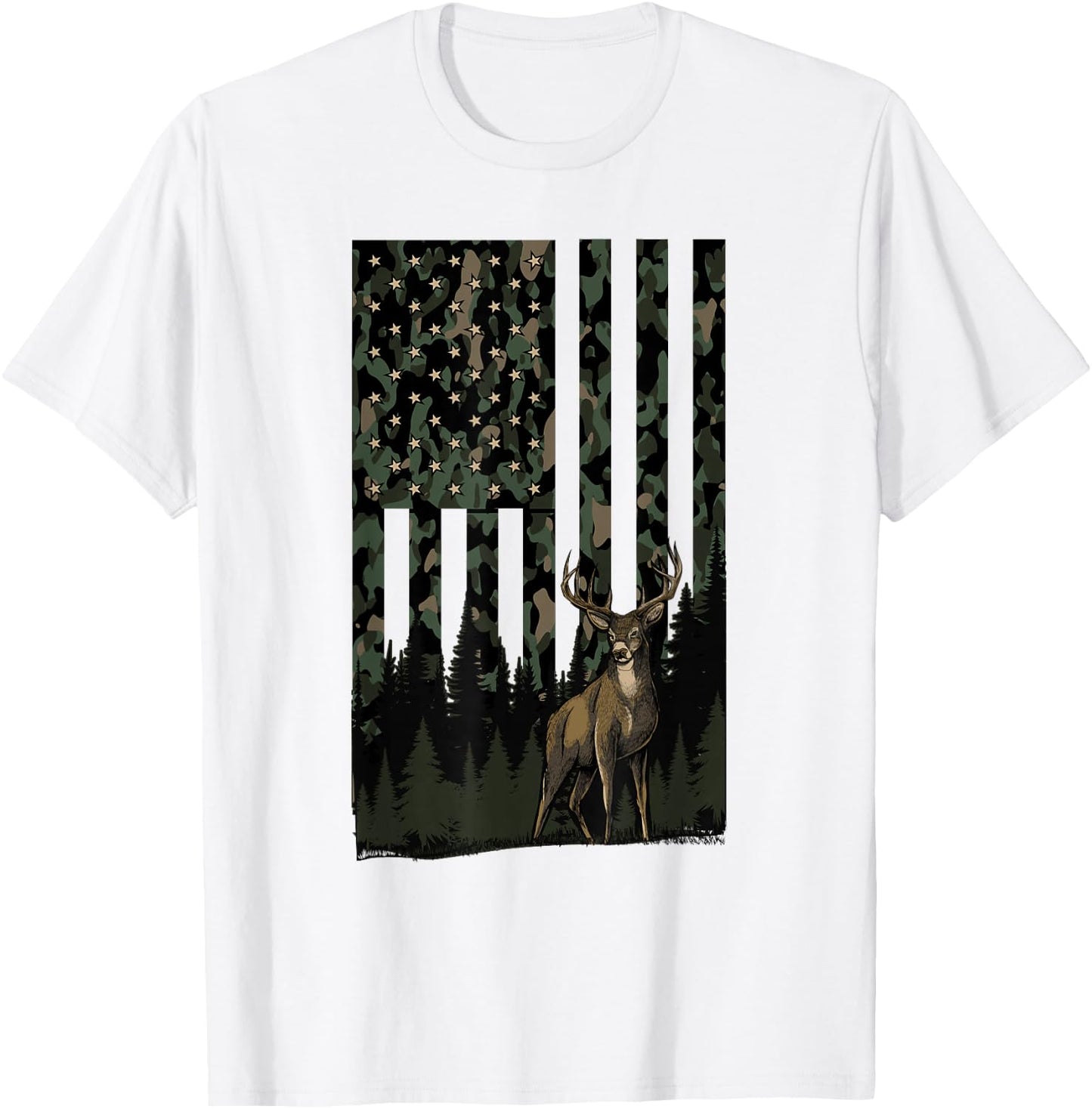 Camo Deer American Flag Patriotic Hunting Graphic USA Flag T-Shirt - T-Shirt | White