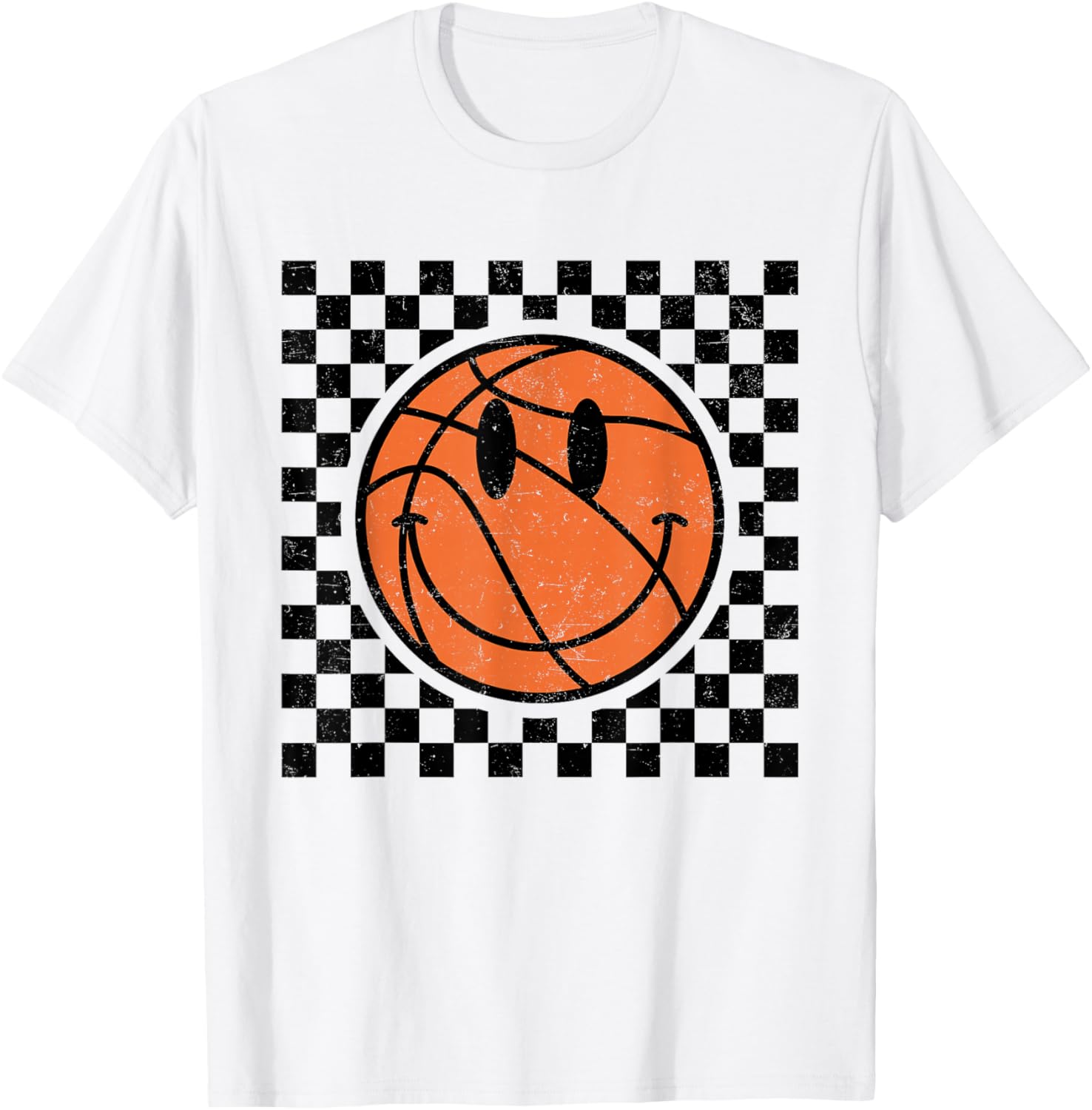 Game Day Basketball Smile Face Checkered Retro Vintage Style T-Shirt - T-Shirt | White