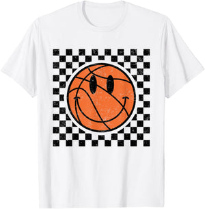 Game Day Basketball Smile Face Checkered Retro Vintage Style T-Shirt - T-Shirt | White