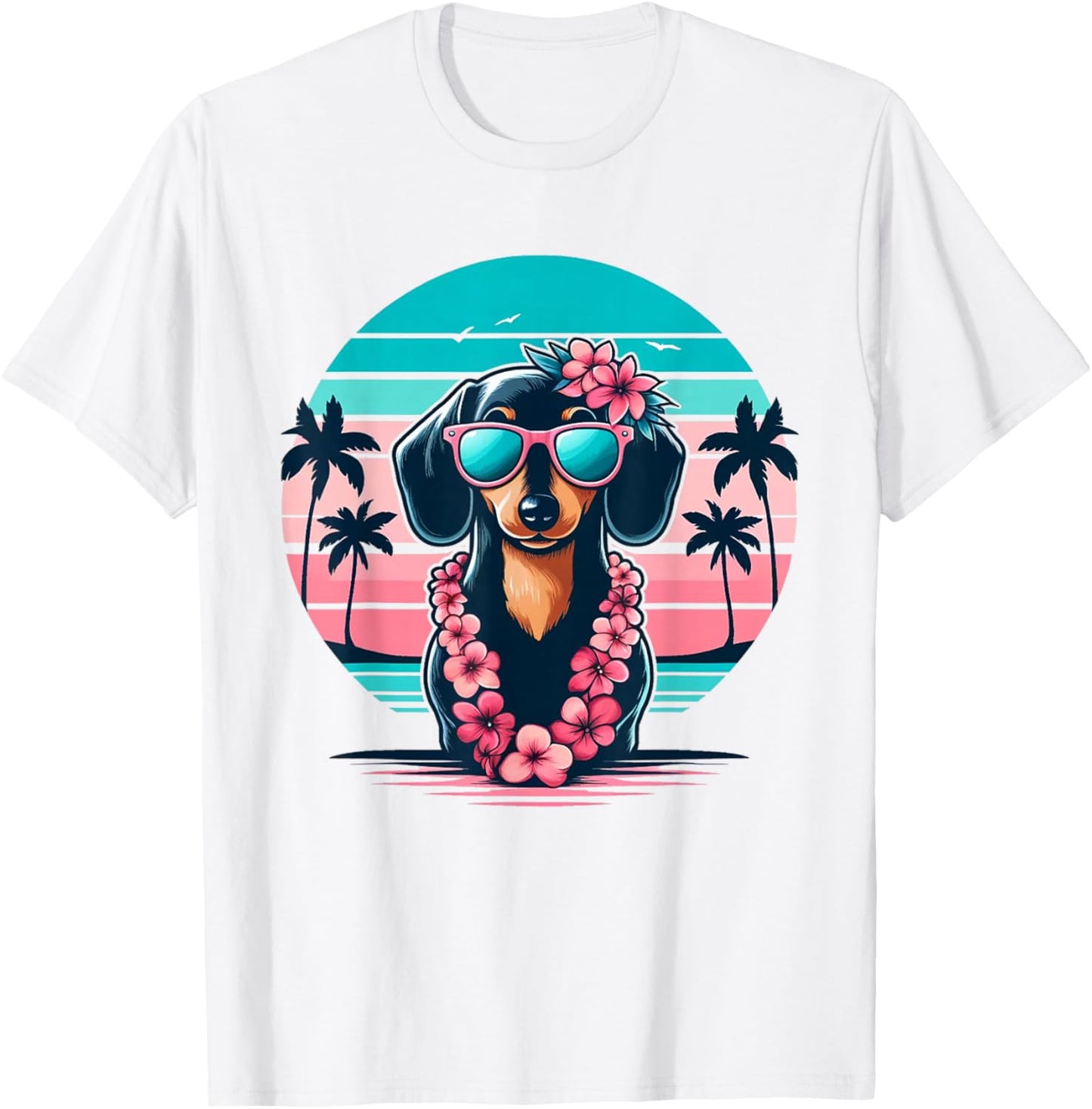 Retro Hawaiian Dachshund Dog Tropical Floral Summer Vibes T-Shirt - T-Shirt | White