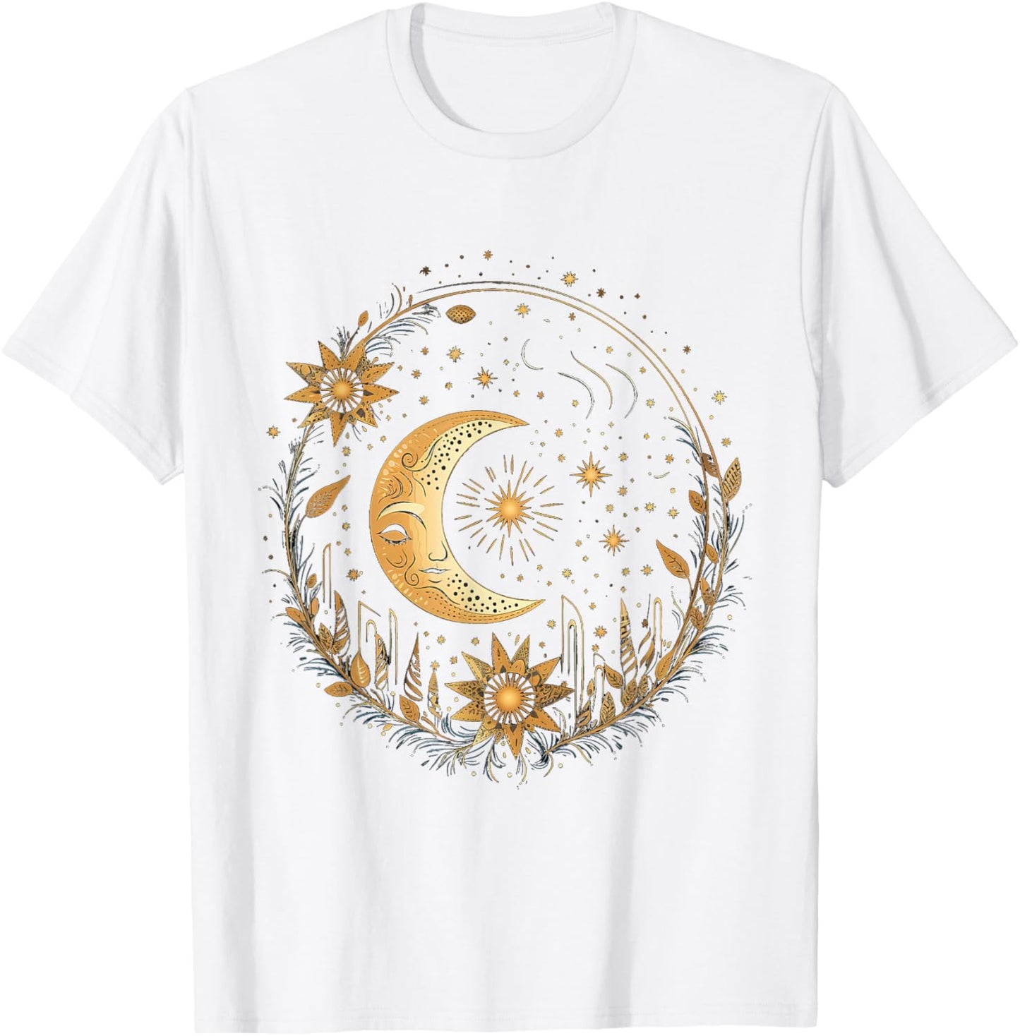 Mystical Sun and Moon with Woman Mystical Flowers Aesthetic T-Shirt - T-Shirt | White