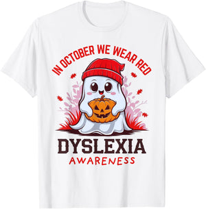 I Wear Red Dyslexia Awareness Month Dyslexia Halloween Ghost T-Shirt - T-Shirt | White