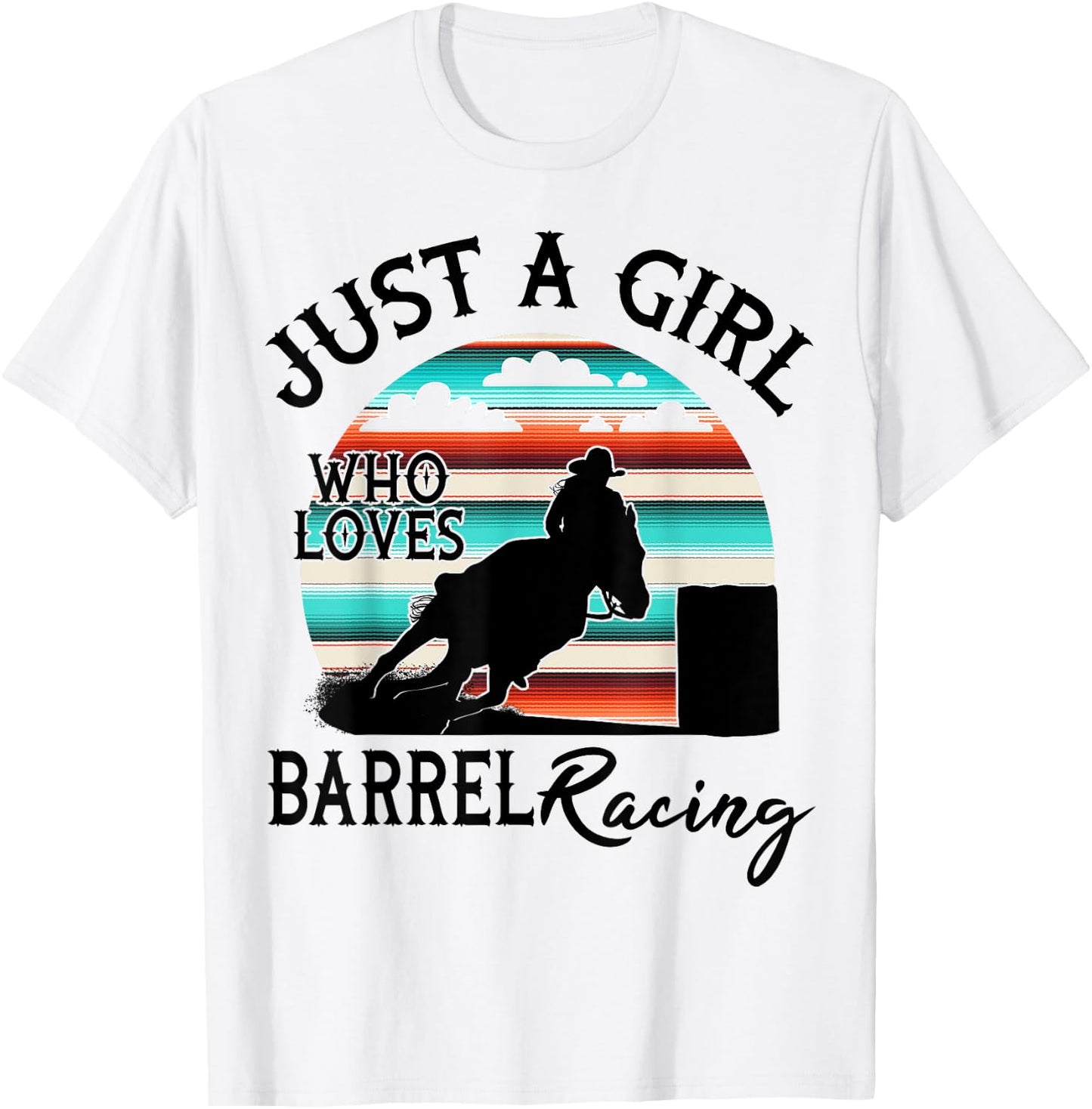 Western Rodeo Cowgirl Serape Sunset Horse Barrel Racing T-Shirt - T-Shirt | White