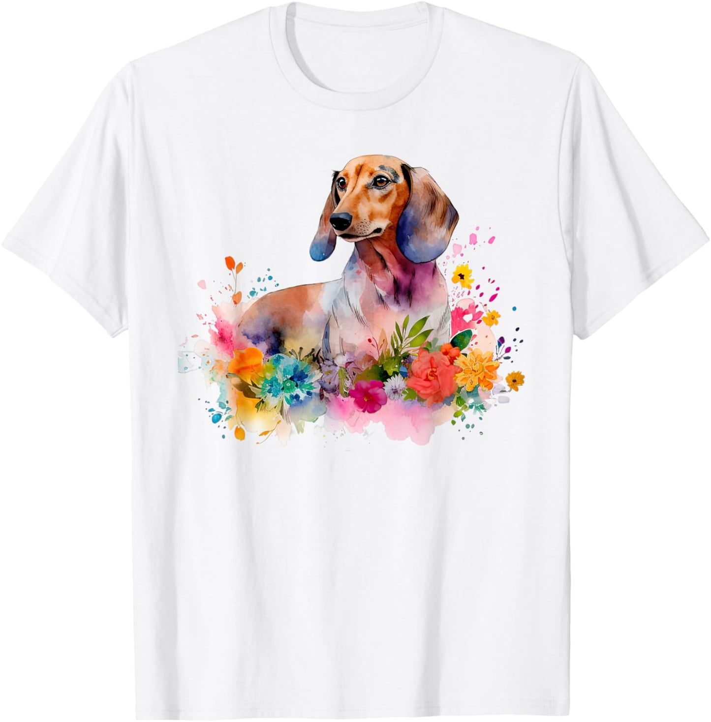 Dachshund Watercolor Art Dog Dog Breed Woman Kids Floral T-Shirt - T-Shirt | White