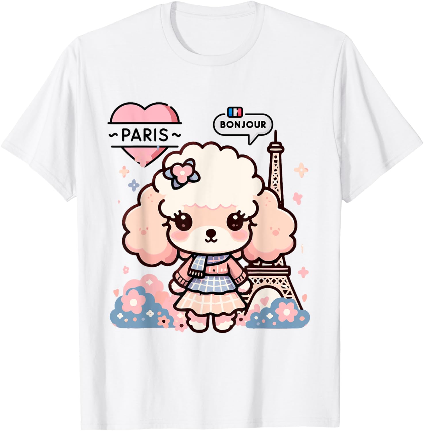 Bonjour French Paris Eiffel Tower Kawaii Toy Poodle Paris T-Shirt - T-Shirt | White