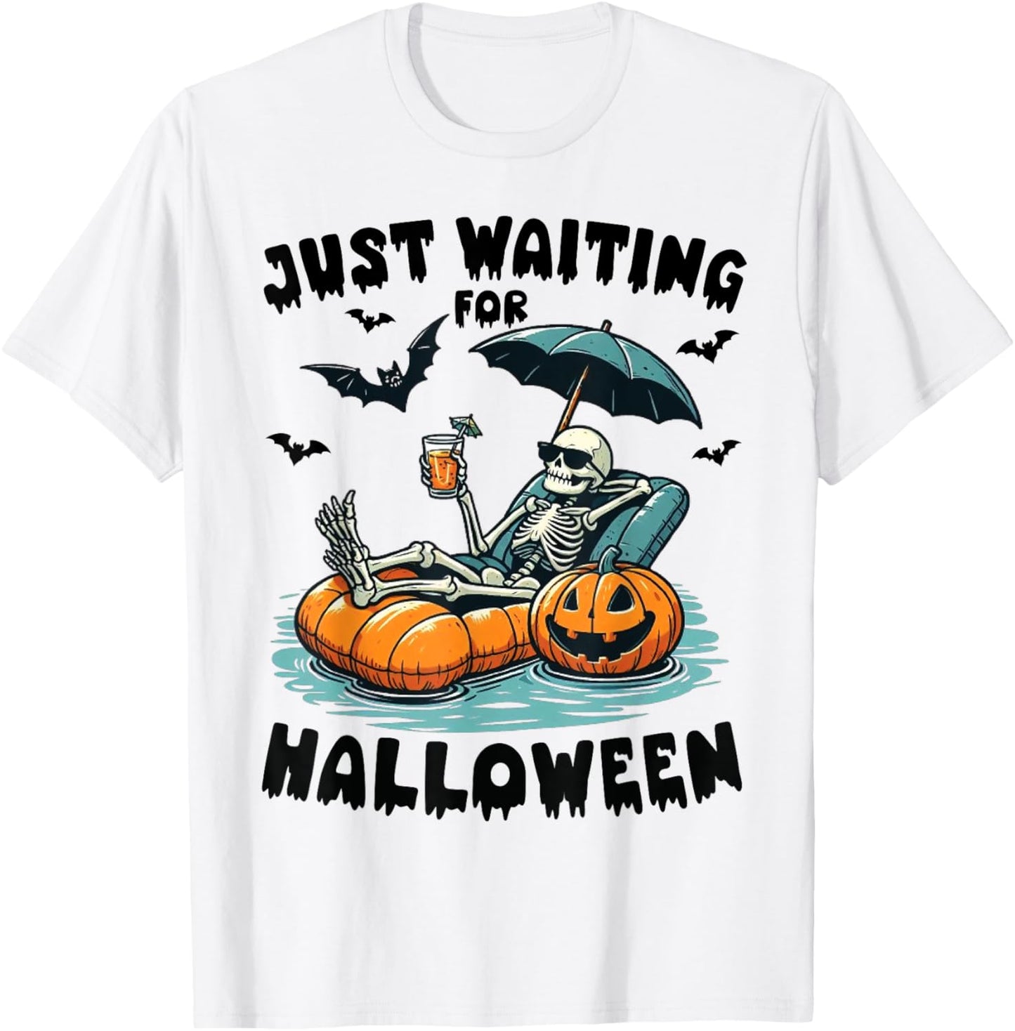 Funny Just Waiting For Halloween Skeleton Spooky Vibe Summer T-Shirt - T-Shirt | White