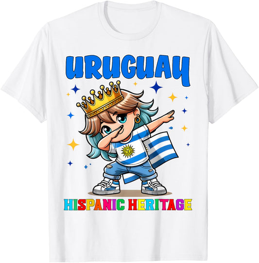 Uruguay Dabbing Girl Hispanic Heritage Celebration for Kids T-Shirt - T-Shirt | White