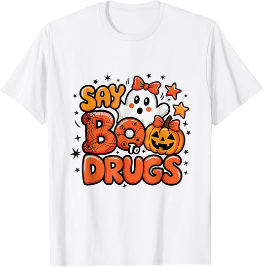 Say Boo Drug-Free Red Ribbon Ghost Halloween T-Shirt - T-Shirt | White