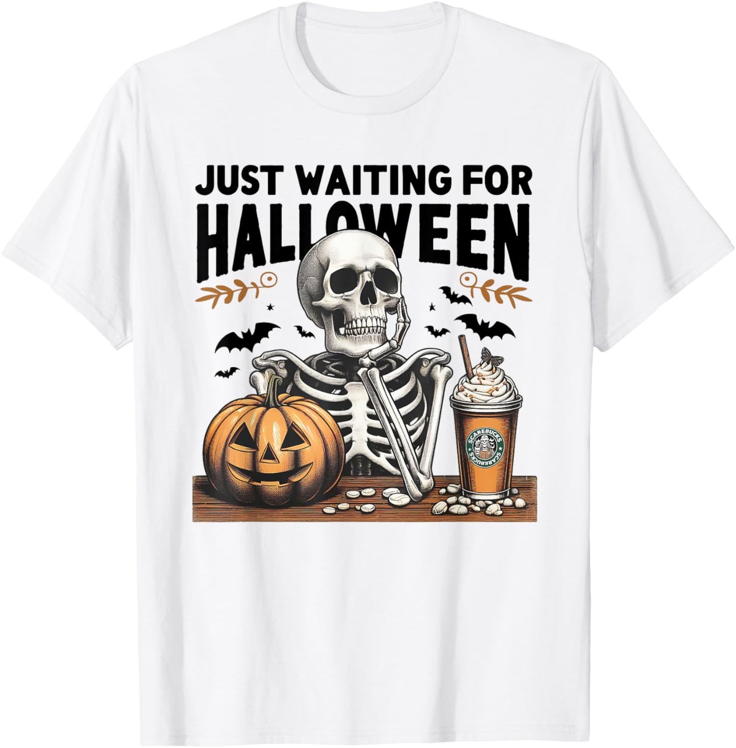 Just Waiting For Halloween Skeleton Ice Coffee Pumpkin T-Shirt - T-Shirt | White