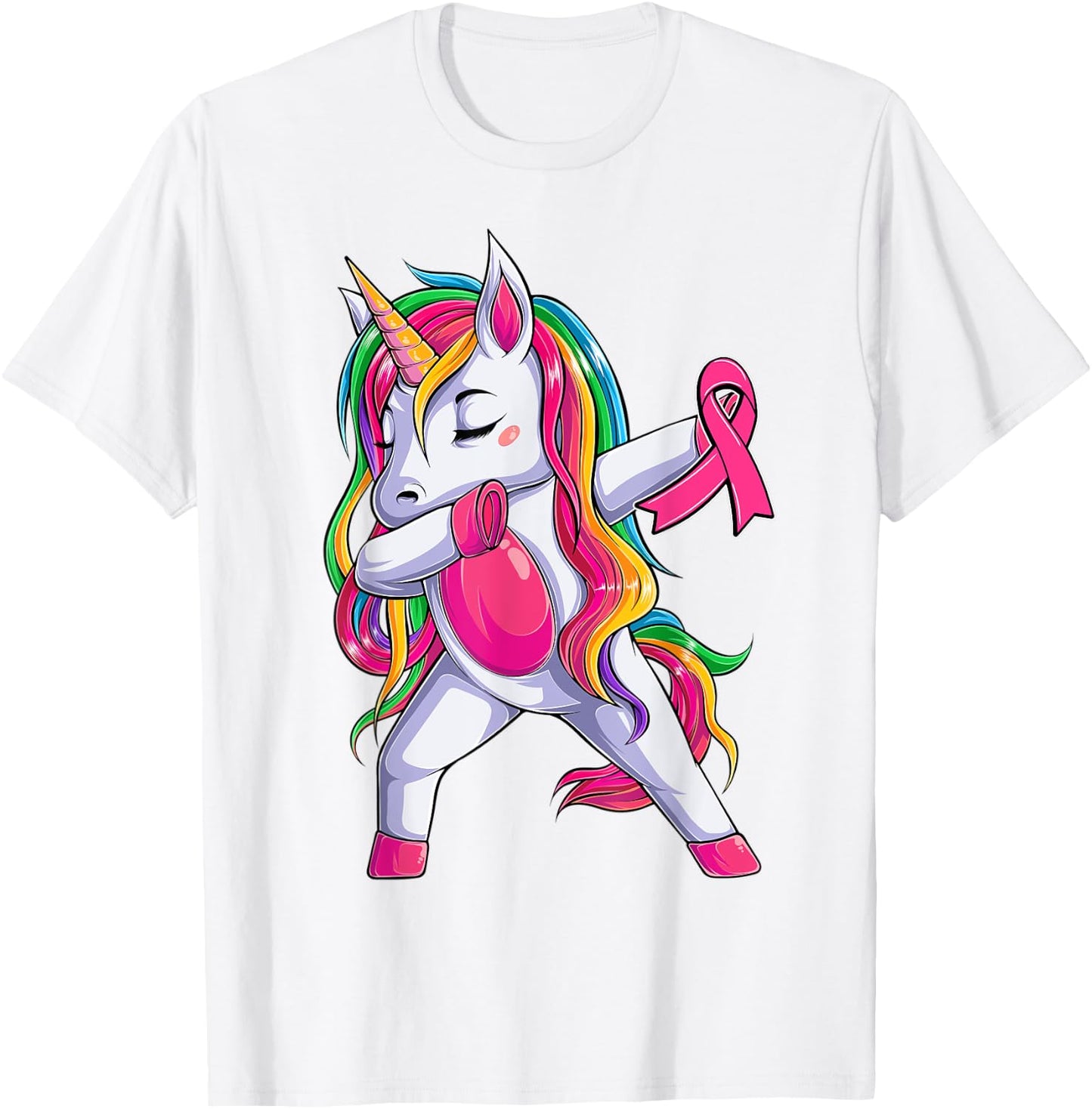 Dabbing Unicorn Pink Ribbon Breast Cancer Awareness Support T-Shirt - T-Shirt | White