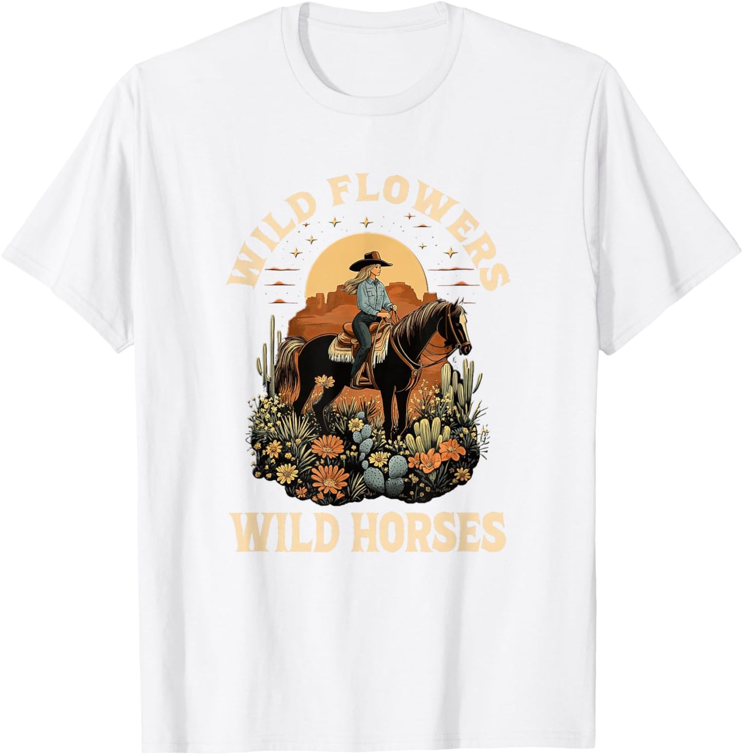Western Sunset Cowgirl Riding Horse Wild Flowers Wild Horses T-Shirt - T-Shirt | White