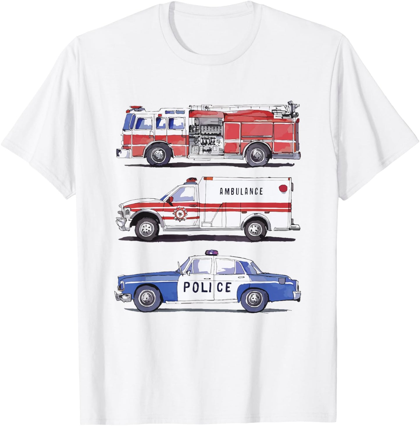 Emergency Rescue Vehicles Police Car Fire Truck Ambulance T-Shirt - T-Shirt | White