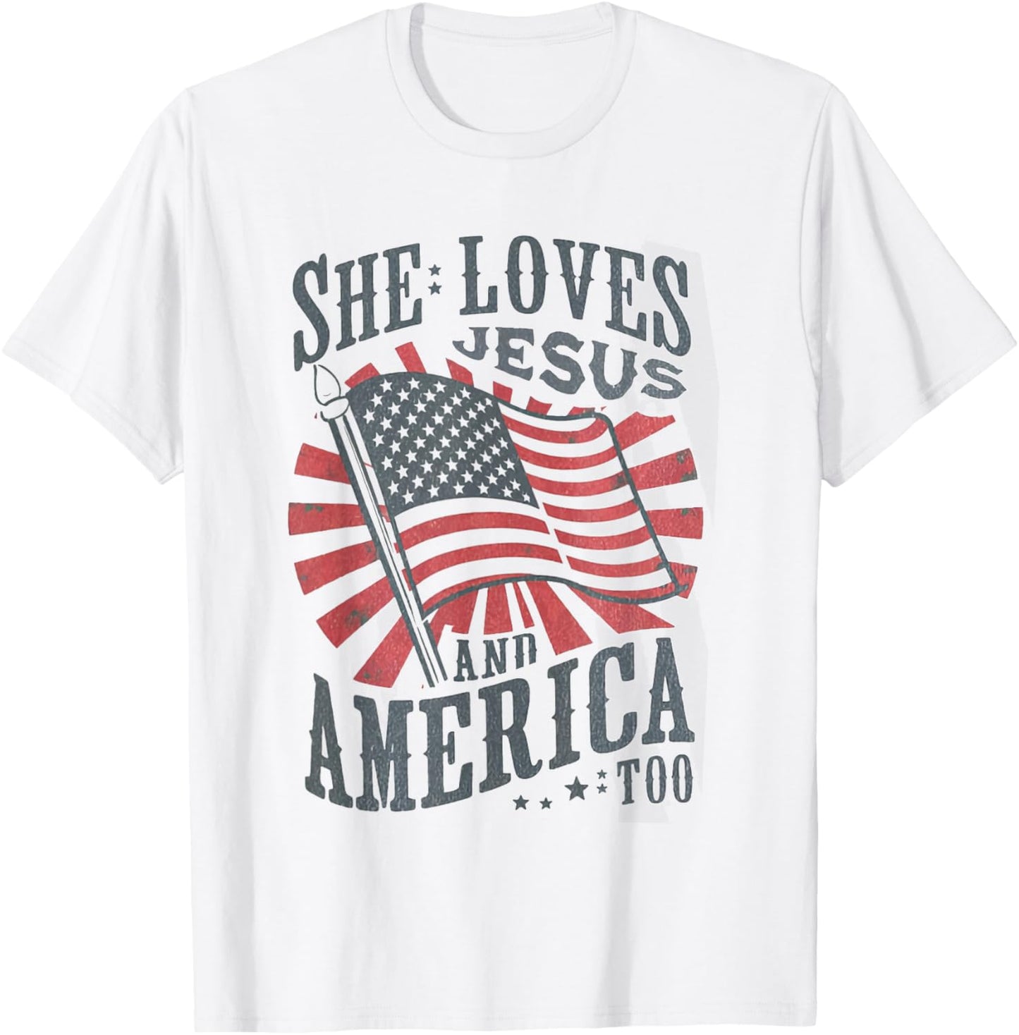 Women Retro She Loves Jesus and America Too USA 4th of July T-Shirt - T-Shirt | White