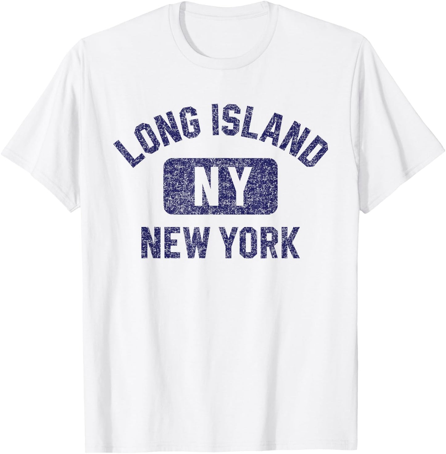 Long Island NY Gym Style Distressed Dark Blue Print T-Shirt - T-Shirt | White